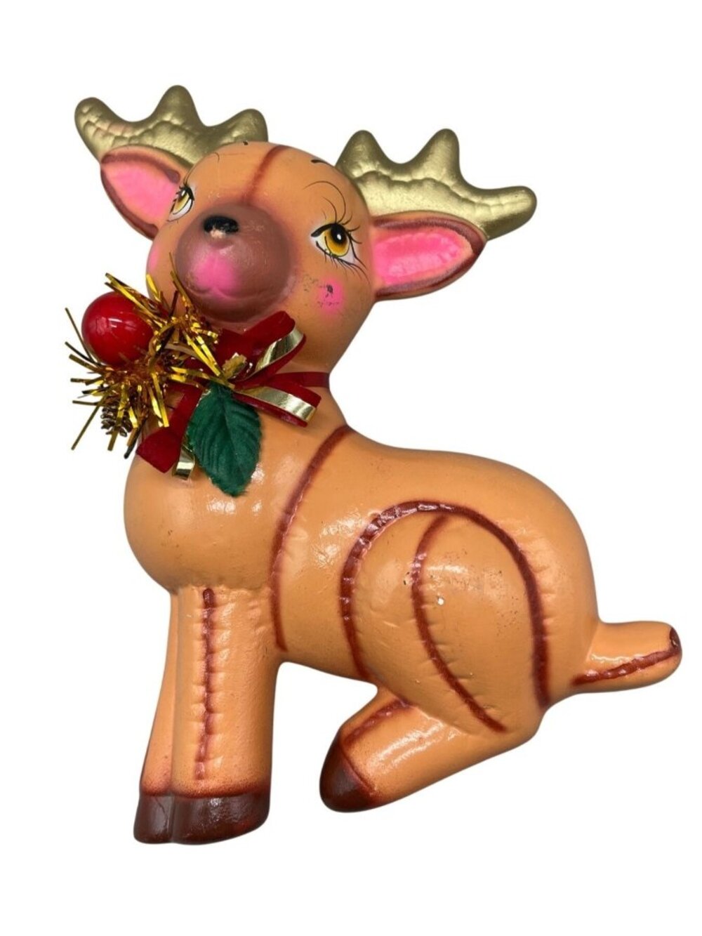 Christmas reindeer wall art figurine bow brown gold hand painted 6.5x10" READ